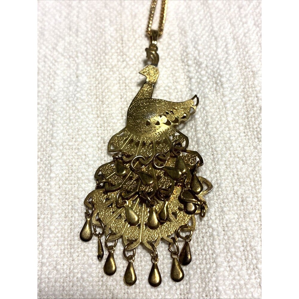 Peacock necklace goldtone tiers 18" chain vintage filigree sections GUC
